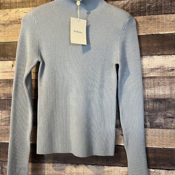 NWT Böhme Light Blue Ribbed Mock Neck Sweater S Minimalist Quiet Luxury - Picture 1 of 5